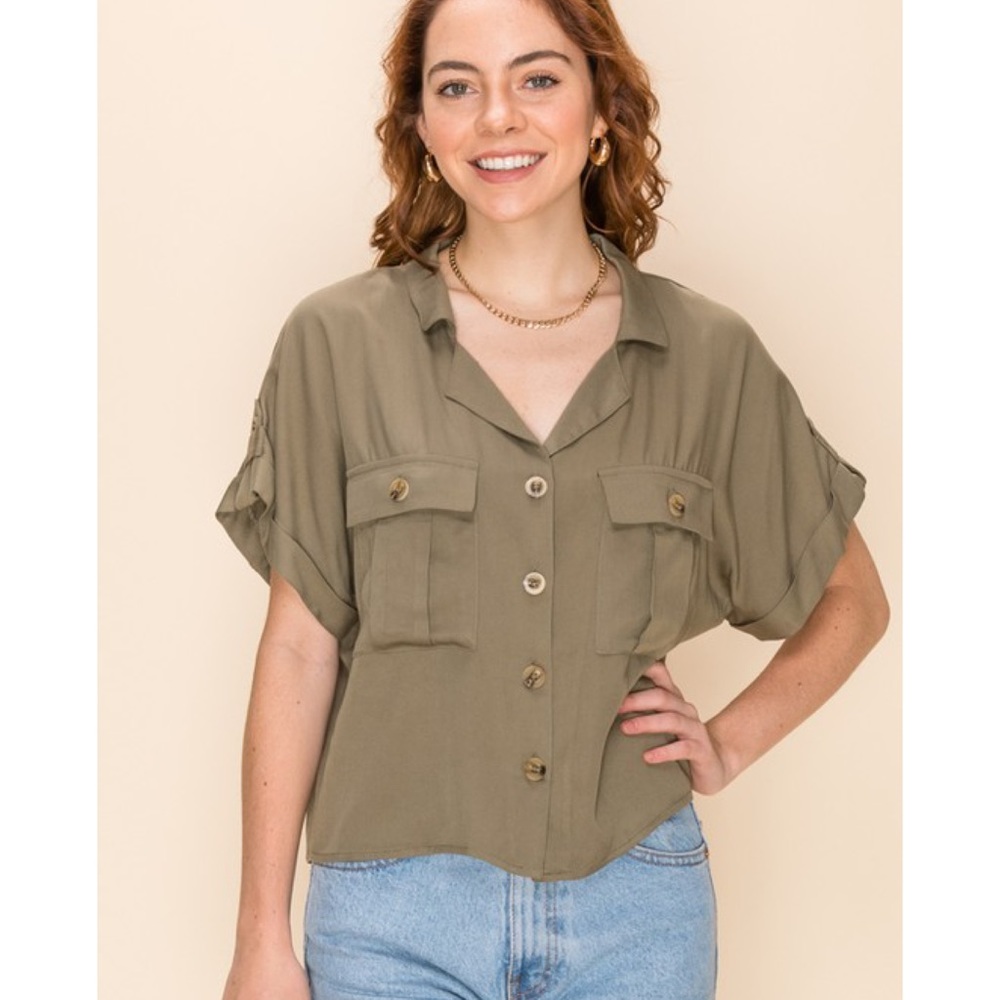 Olive Button Down Pocket Top Casual Office Tops